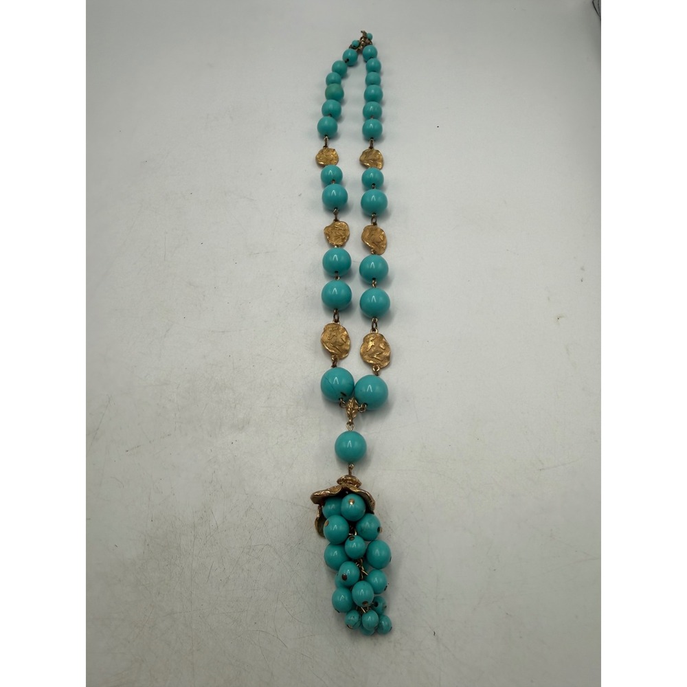 Vintage Turquoise Bead Grape Cluster Pendant Necklace Gold Tone Textured Discs